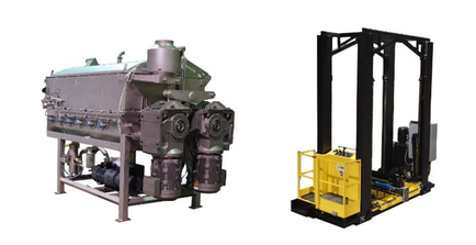 MTC multiple agitator vacuum blender for food prcoessing on left side of the image and an MTC Multi-Level Power Changer for battery handling on the right side