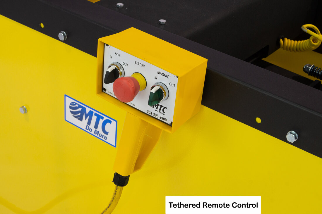 Close up of the tethered remote control of the ABPG forklift battery puller
