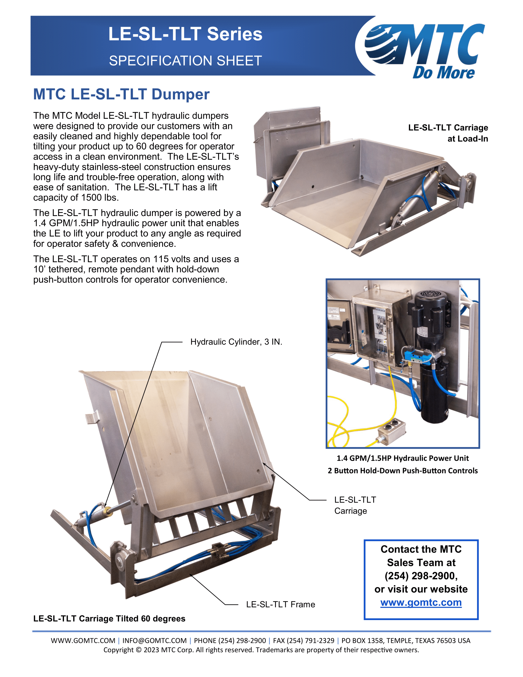 MTC Brochure for the lift and tilt hydraulic dumper - front cover