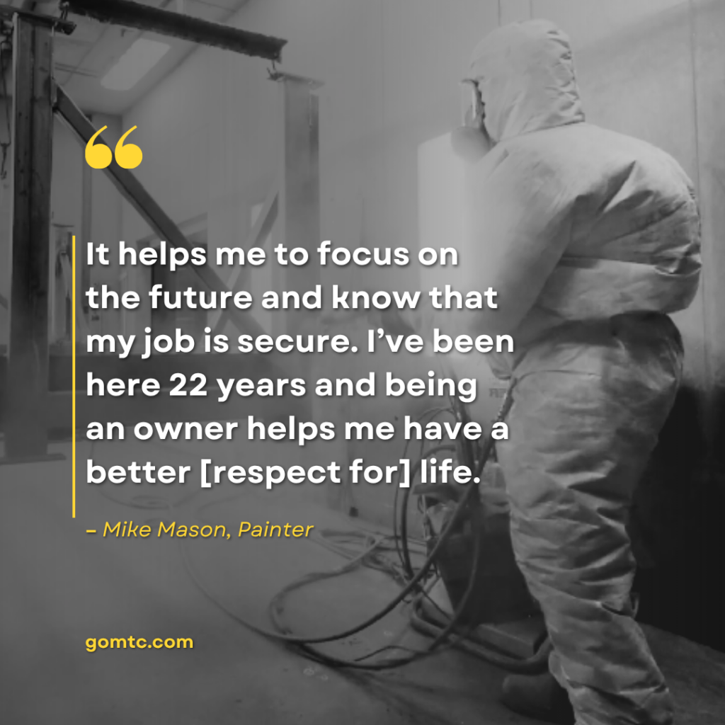 Mike Mason in the paint room with a quote overlay